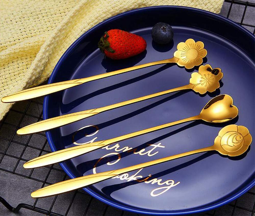 Golden Spoon Set/Coffee Spoon/Dessert Spoons/Cutlery Kitchen Tableware/Stainless Steel Gold Different Shape Coffee Spoons, Set of 4 Centimeter (Gold)