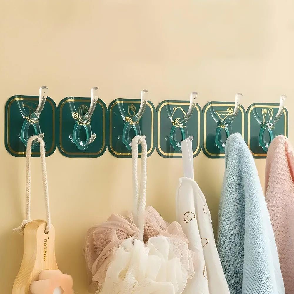 6 in 1 Self Adhesive Heavy Duty Colourful Wall Hooks, No Drill Sticky Hooks for Kitchen Bathroom Bedroom